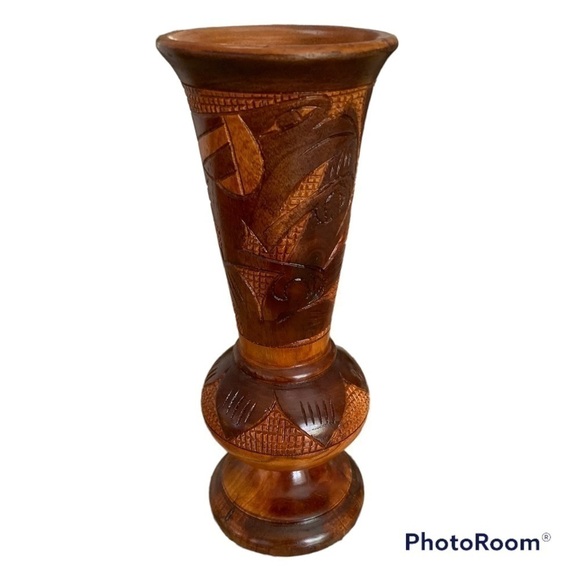 VINTAGE Mid Century Carved Wooden Vase - Picture 2 of 4